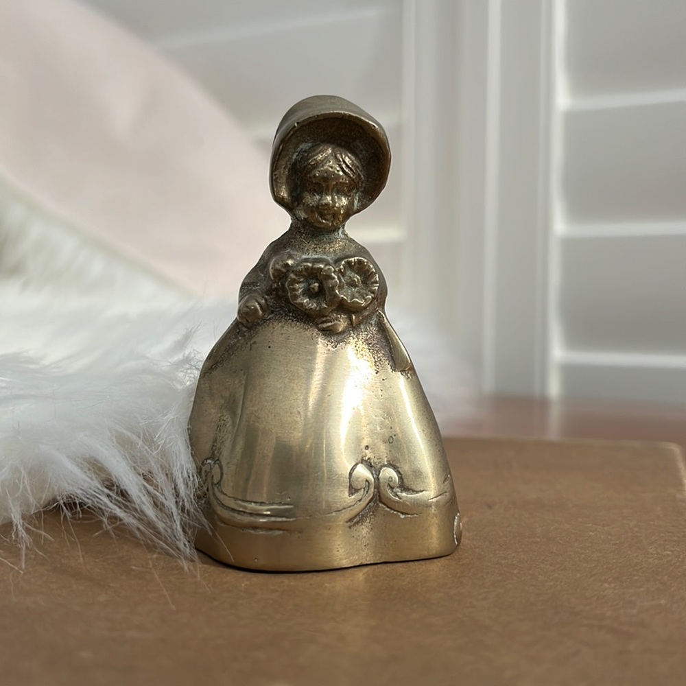 Brass Bell of Little Victorian Child Holding Flowers